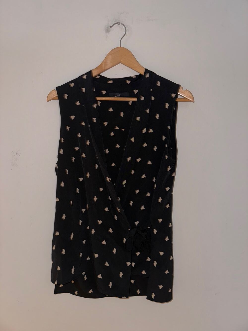 Tibi Women's Size 2 Wrap Top Silk Blouse Black Geometric Print Quiet Luxury
